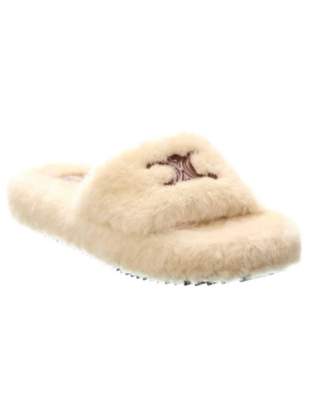 CELINE Triomphe logo leather trimmed shearling slides furry sandals